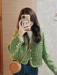 2024 New Popular Fragrant Coat Women's Short Slim Fit Temperament Green Woolen Jackets