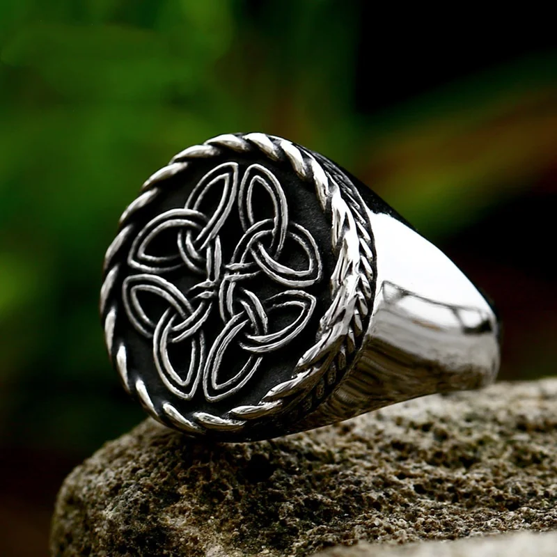 Nordic Retro Creative Stainless Steel Ring, Viking Celtic Knot Polished and Blackened Men's Fashionable Tail Ring Accessory