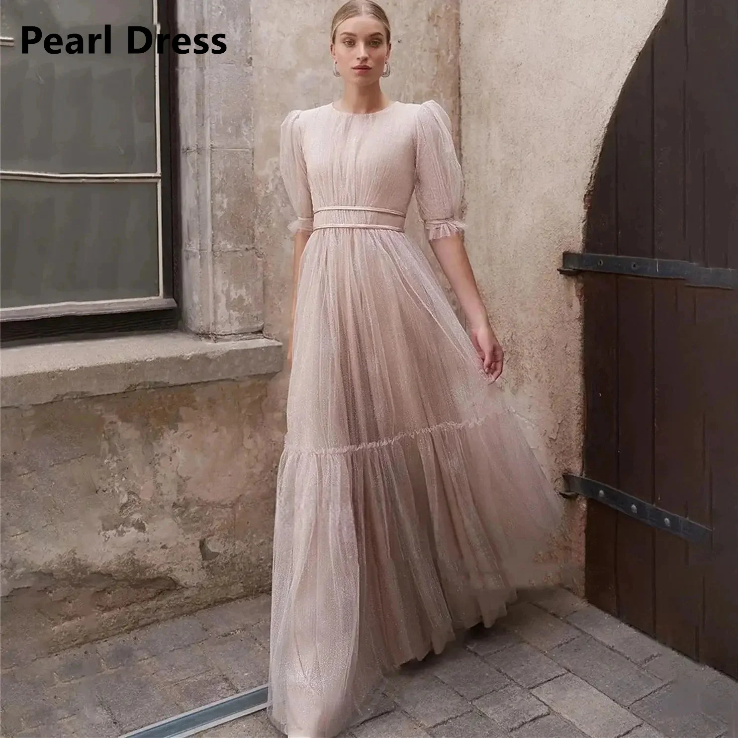 Pearl O Collar Evening Dresses Woman Elegant Party Dresses for Women Luxury Evening Dresses 2024 Belt Puff Sleeves Nude Pink image 3