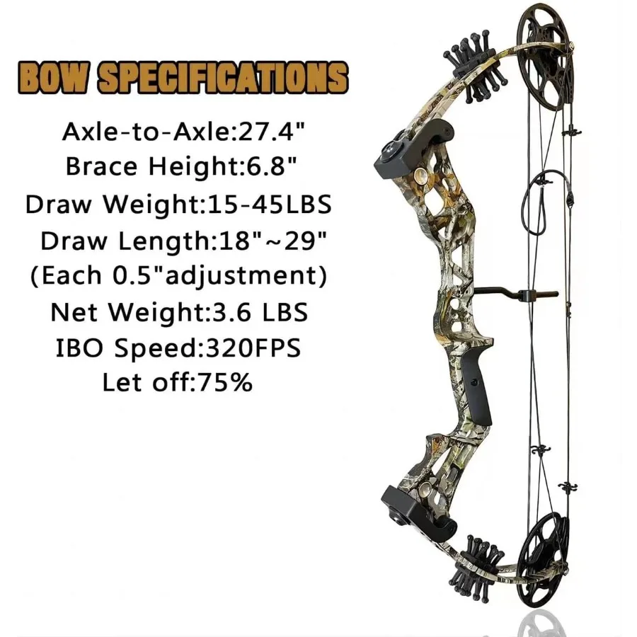 Compound Bow Set 15-45lbs for Pull Beginner and Teens Right Handed Adjustable 18"-29" Draw Length 320 FPS Speed Hunting Bow Arc