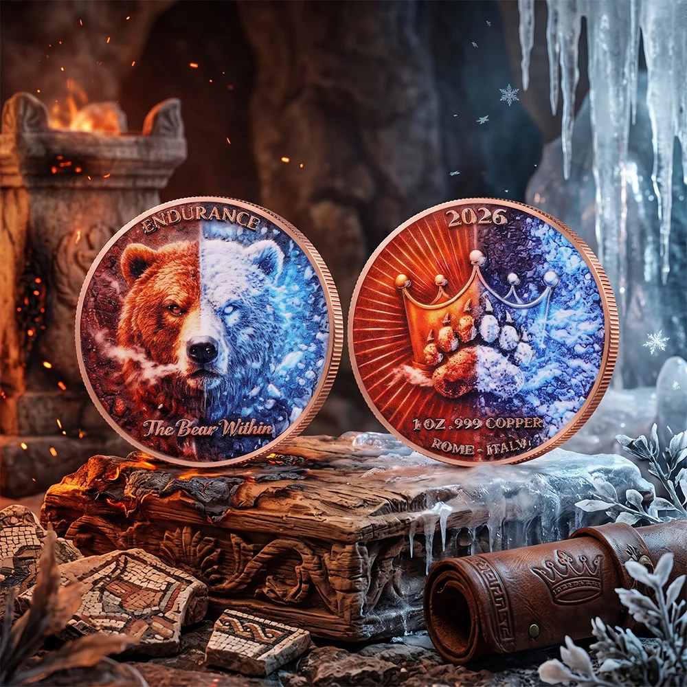 Grizzly Bear 1OZ .999 Fine Copper Coin Endurance Dual  Fire Ice Bear Challenge Medal Souvenir Gift