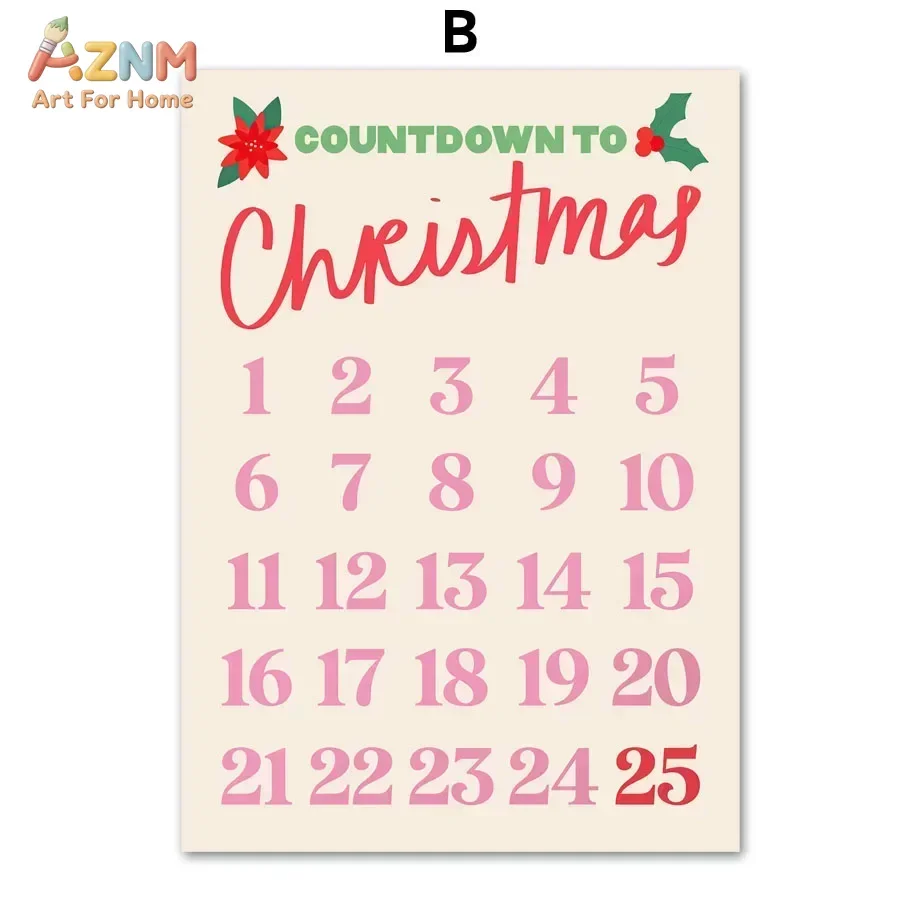 AZNM Pink Christmas Countdown Canvas Wall Art Holly Poinsettia Xmas Advent Calendar Minimalist Text Print Unframed Canvas Holida