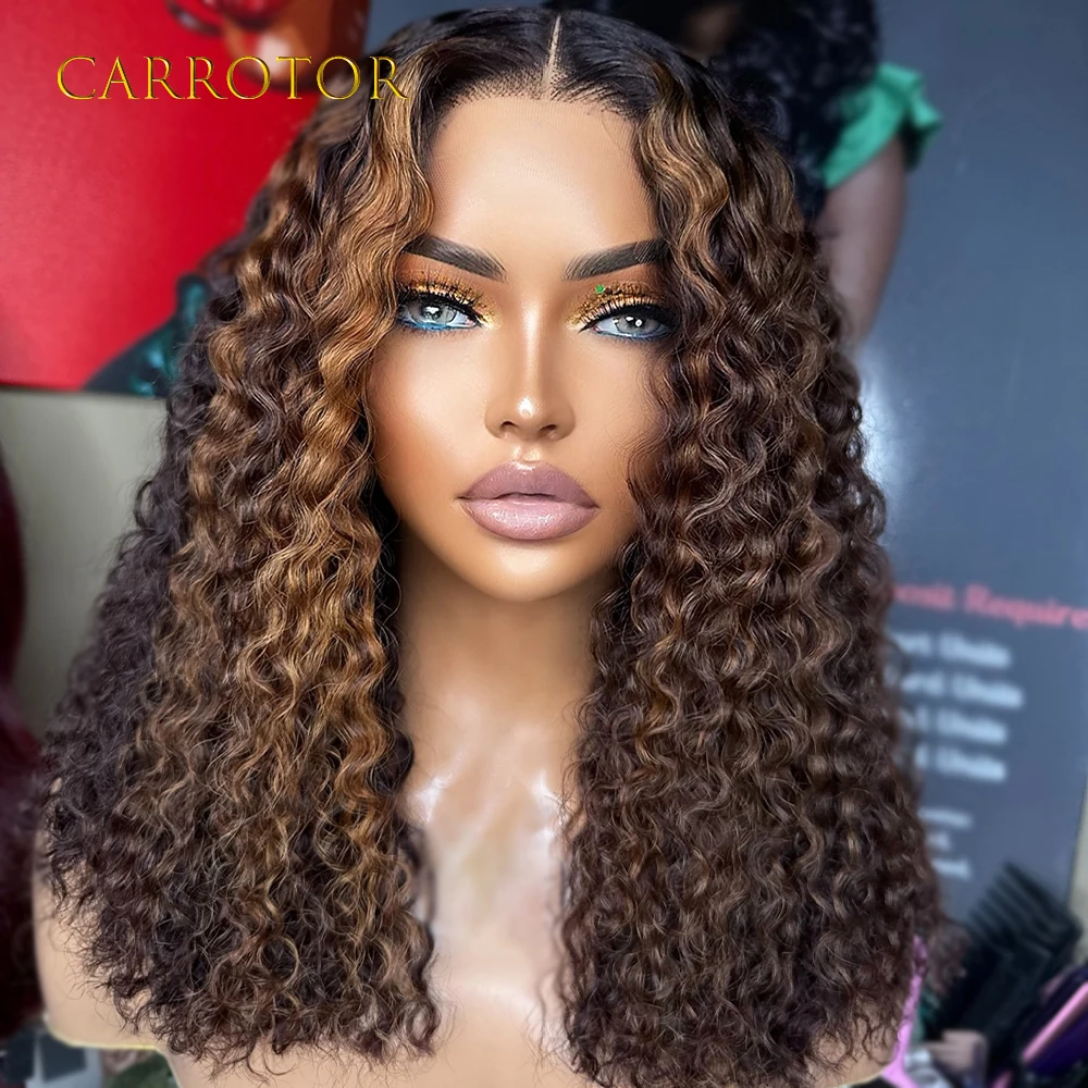 Peruca de Cabelo Humano Cacheado Ombre Castanho Loiro com Renda Transparente Pré-Alongada - alternate angle
