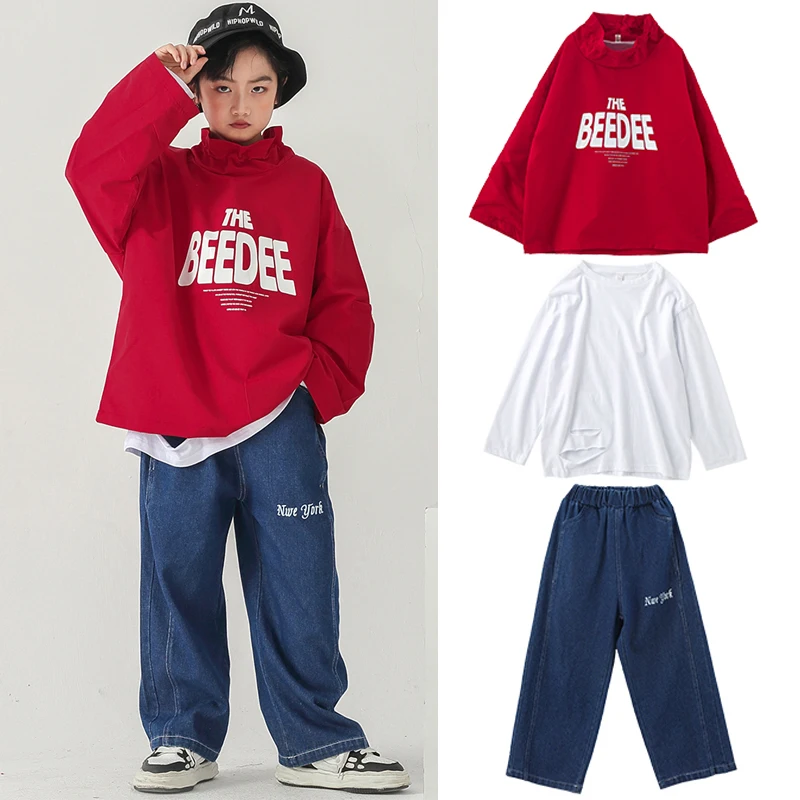 

Handsome Red Sweatshirt Loose Pants Kids Hip Hop Dance Clothes Girls Jazz Performance Costumes Boys Hiphop Stage Outfits SL7470