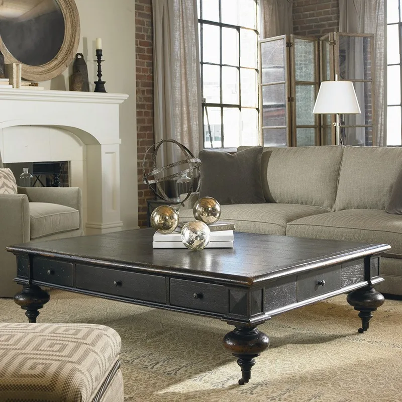 Solid wood rectangular coffee table, black small apartment living room retro old light luxury log carved tea table