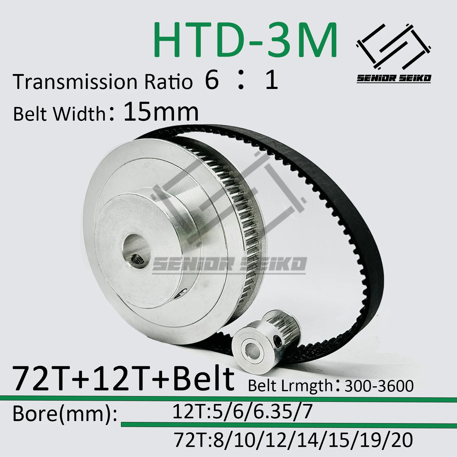 HTD3M 72Teeth 12T 12Teeth 72T Timing Pulley Belt Set Belt Width 15mm Bore 5~20mm Reduction 6:1 3M Pulley Kit Synchronous Wheel