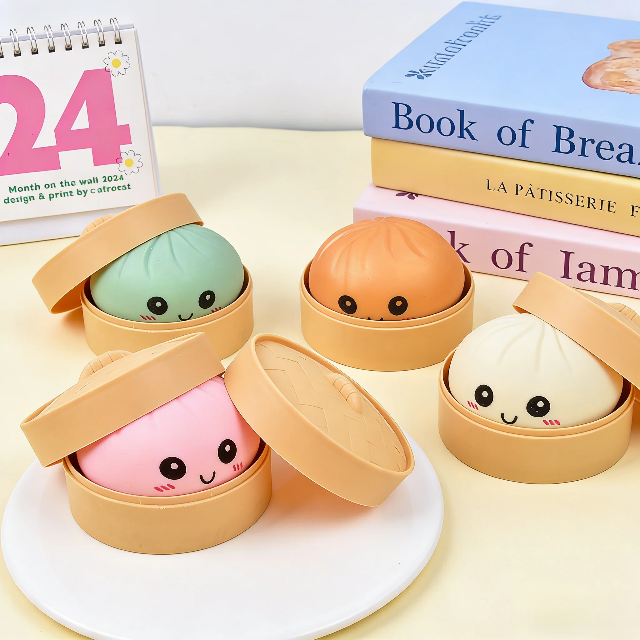 Pelota antiestrés de simulación de dumpling, blandita y elástica, con caja de vapor de bambú, juguete sensorial para regalo creativo