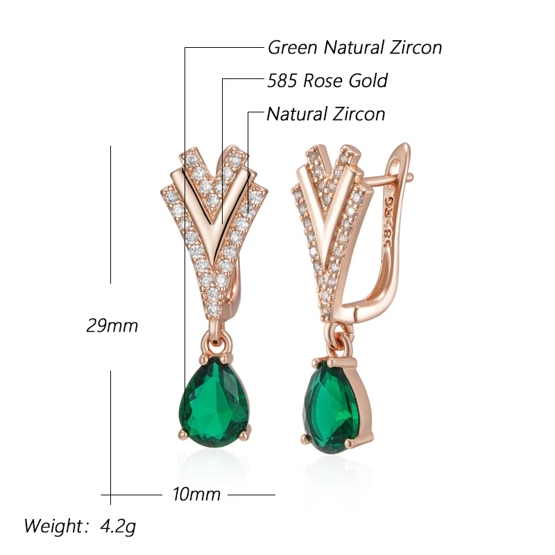 Kinel Luxury Green Natural Zircon Drop Earrings For Women 585 Rose Gold Color White Stone Daily Easy Matching Fine Jewelry Gift