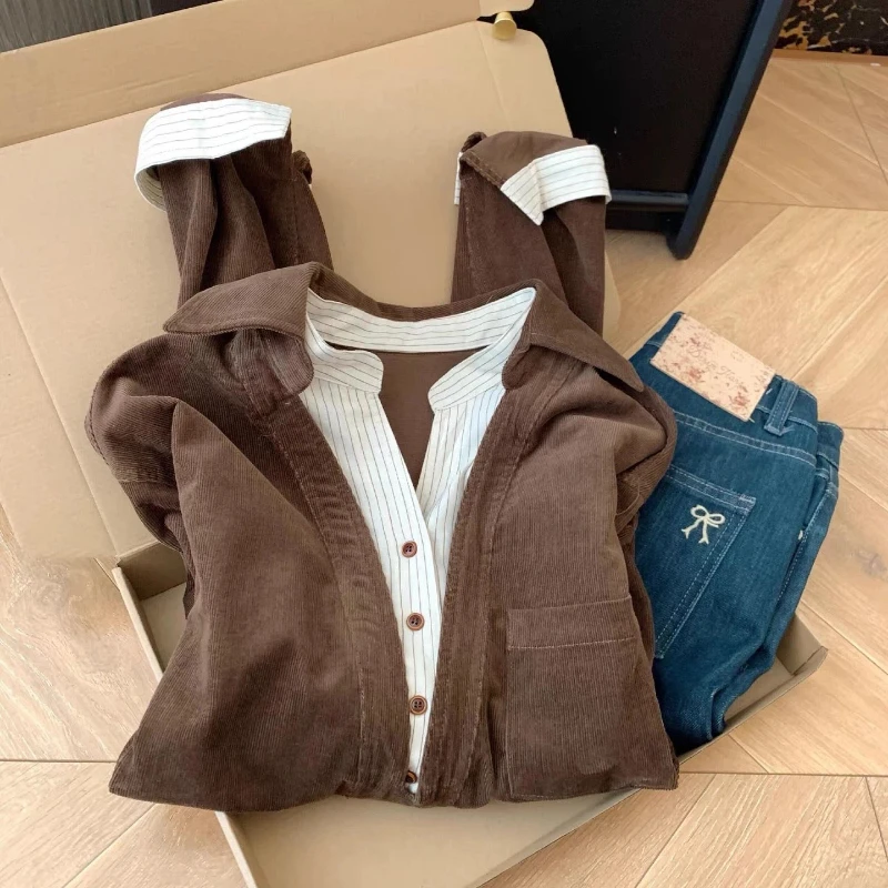 

Fake Two Pieces Contrast Long Sleeve Trend Blouse Spring Autumn Polo Neck Loose Office Shirt Tops Casual Fashion Women Clothing