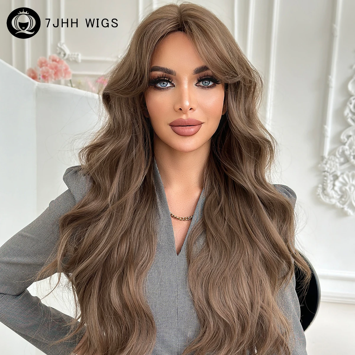 Loose Body Wave Brown Wig for Women Daily Use High Density Synthetic Layered Middle Part Wigs with Curtain Bangs Heat Resistant