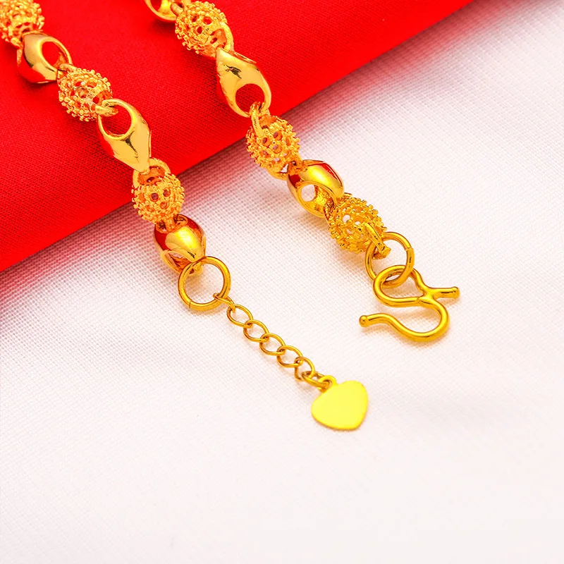 Non-fading Thick Plated Gold Color Hollow Delicate Beads Bracelet Women\'s Men\'s Hand Chain Link Original Fashion Jewelry