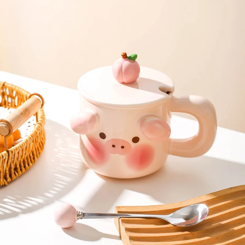 450ml Cartoon Pig Mug Coffee Cup Set with Spoon Ceramic Gift Home Mugs 3D Water Cups Lovers Milk Large Capacity Breakfast Mug