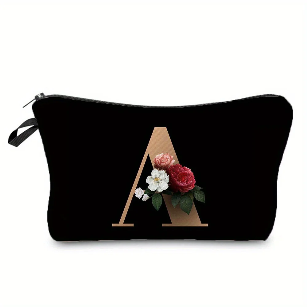 Flower & Letter Print Cosmetic Bag, Zipper Portable Makeup Pouch, Lightweight Coin Purse toiletry bag cajas organizadoras