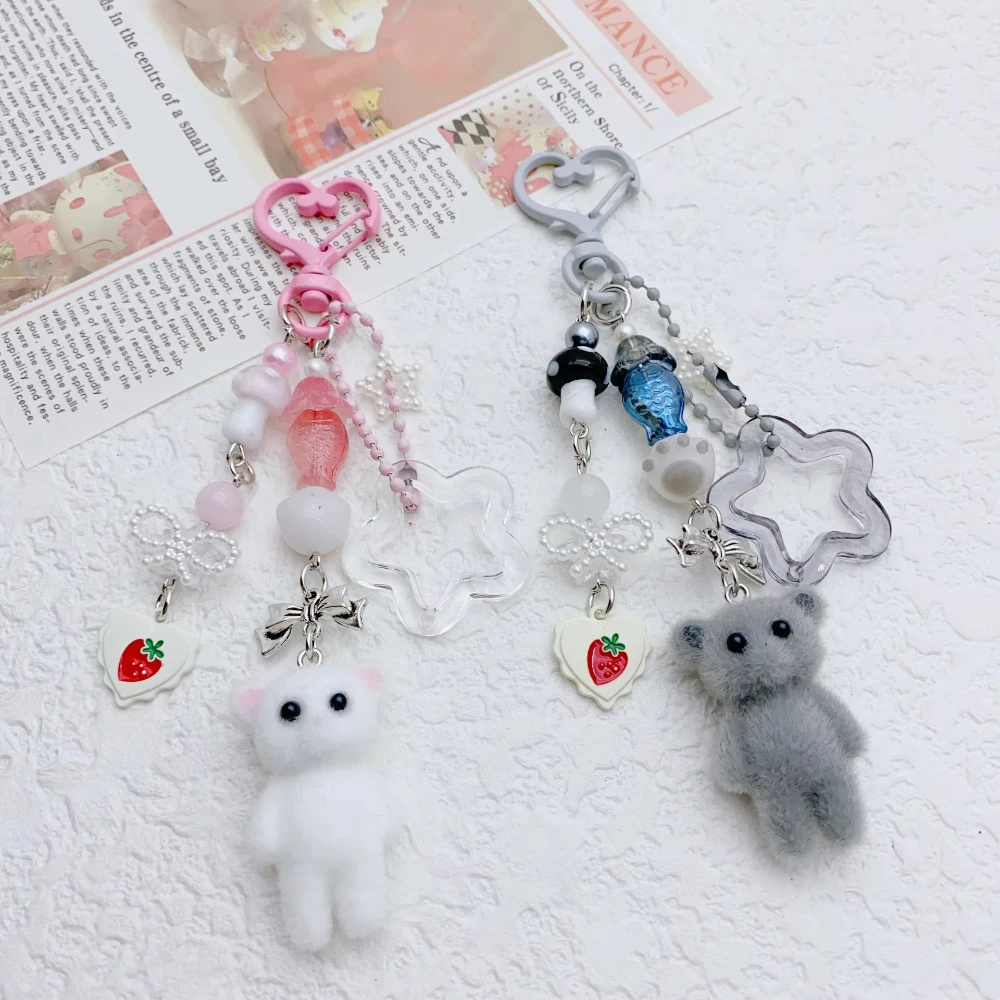 Flocked Kitten Bear Rabbit Cat Paw Five-pointed Star Love Keychain Mobile Phone Chain Lanyard Pendant Camera Keyings For Girls