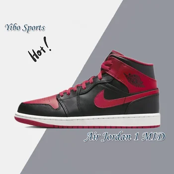 Nike air jordan 1 mid clássico retro masculino tênis de basquete confortável antiderrapante resistente ao desgaste preto e vermelho colorways