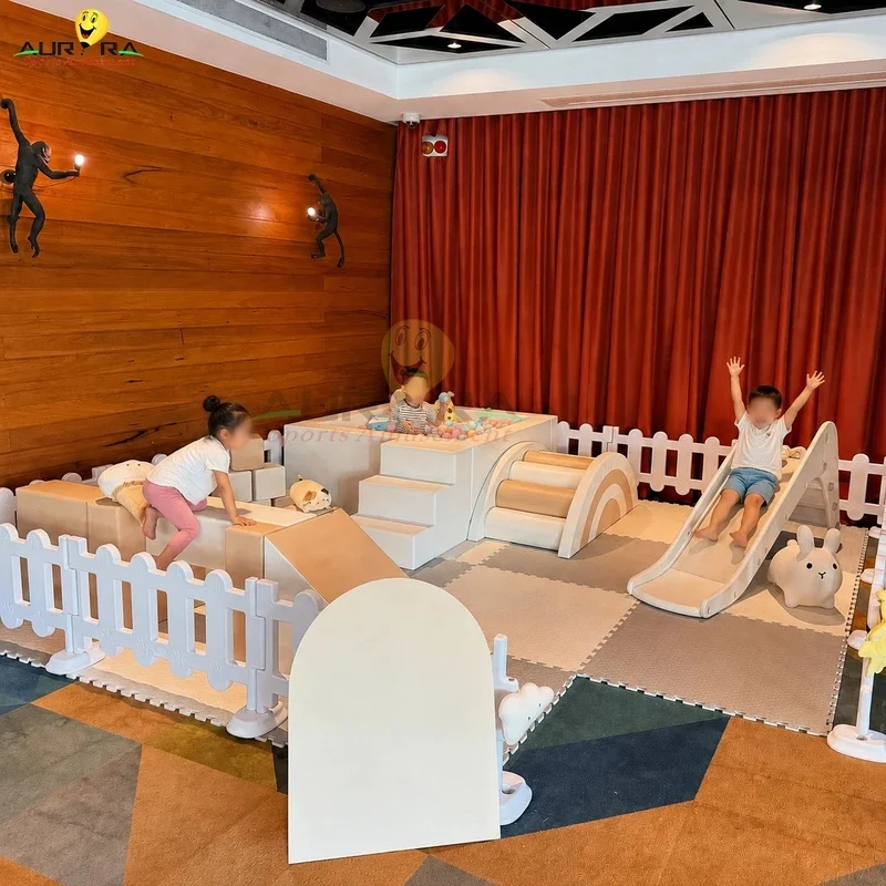 Commercial Beige White Foam Soft Play Set with Ball Pit Slide Climbing Bridge for Kids Party Rentals Indoor Play Centers