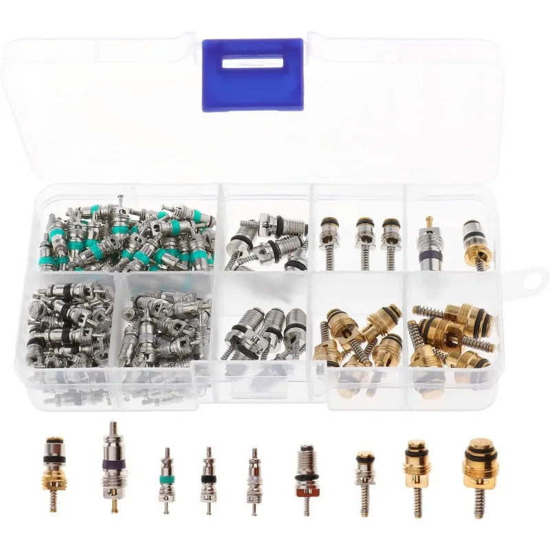 134PCS R134a Car AC Schrader Valve Core Kit 11 Kinds Universal Automotive Air Conditioning Sealing Repair Set