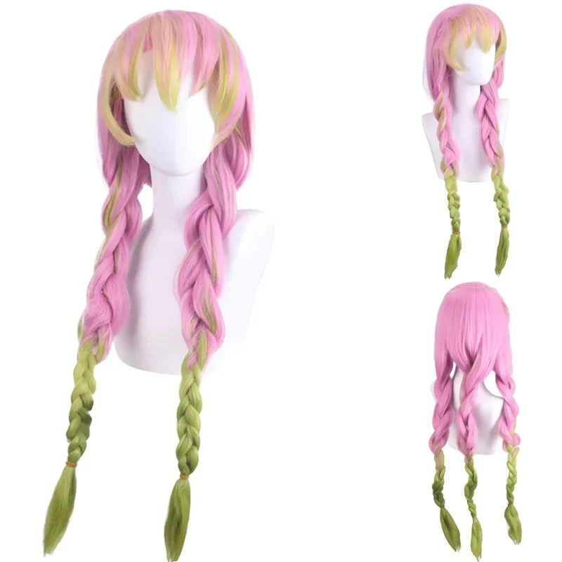 Hoge Kwaliteit Kanroji Mitsuri Cosplay Pruik Anime Lang Groen Roze Hittebestendig Synthetisch Haar Halloween Pruiken + gorra Pruik
