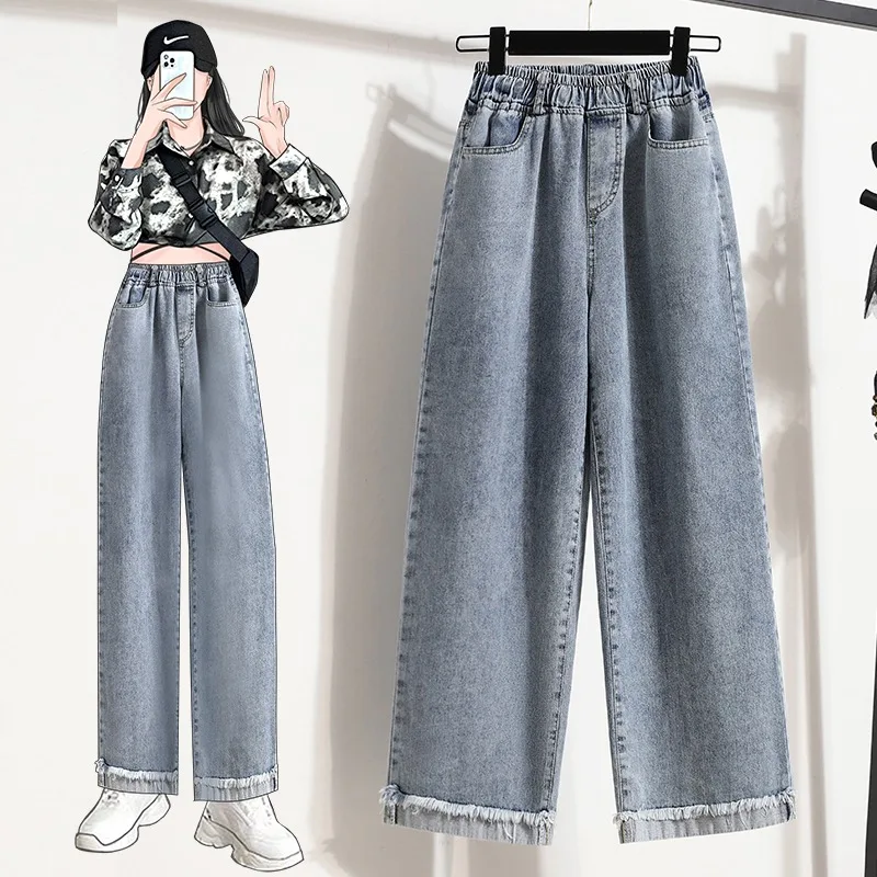 Summer Fall Fashion Women's Curved Hem Vintage Denim Pants Female Solid Color Empire Waist Straight Jeans Ankle Length Trouser