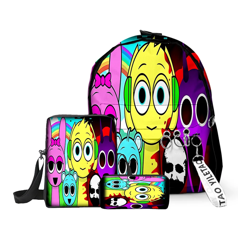 Moda popular engraçado sprunki impressão 3d 3 pçs/set aluno sacos de escola portátil mochila mochila ombro inclinado caso lápis