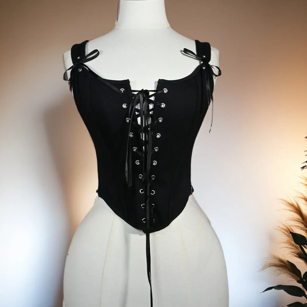 

Women Sexy Black Corset Gothic Bustier Elegant Lace Up Vintage Cotton Bodices Party Costume Waist Trainer Slimming Tank Tops