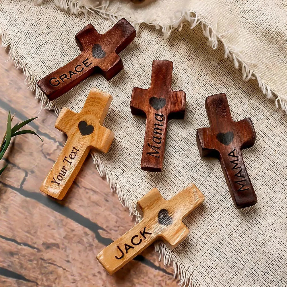 Custom Wooden Pocket Cross, Personalized Name Text Keepsake Ornament, Baptism Party Favor, Customized Celebration Memorial Gift