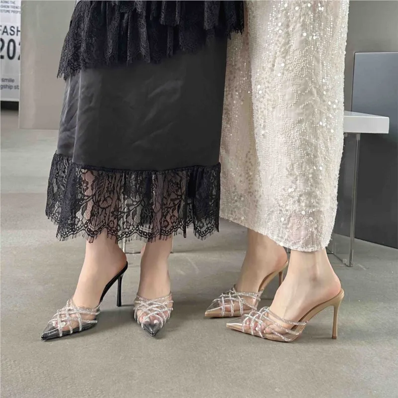 

Лето 2023, новые пикантные босоножки на высоком каблуке со стразами и заостренными серебряными полыми тонкими каблуками для внешнего ношения тапочек на высоком каблуке