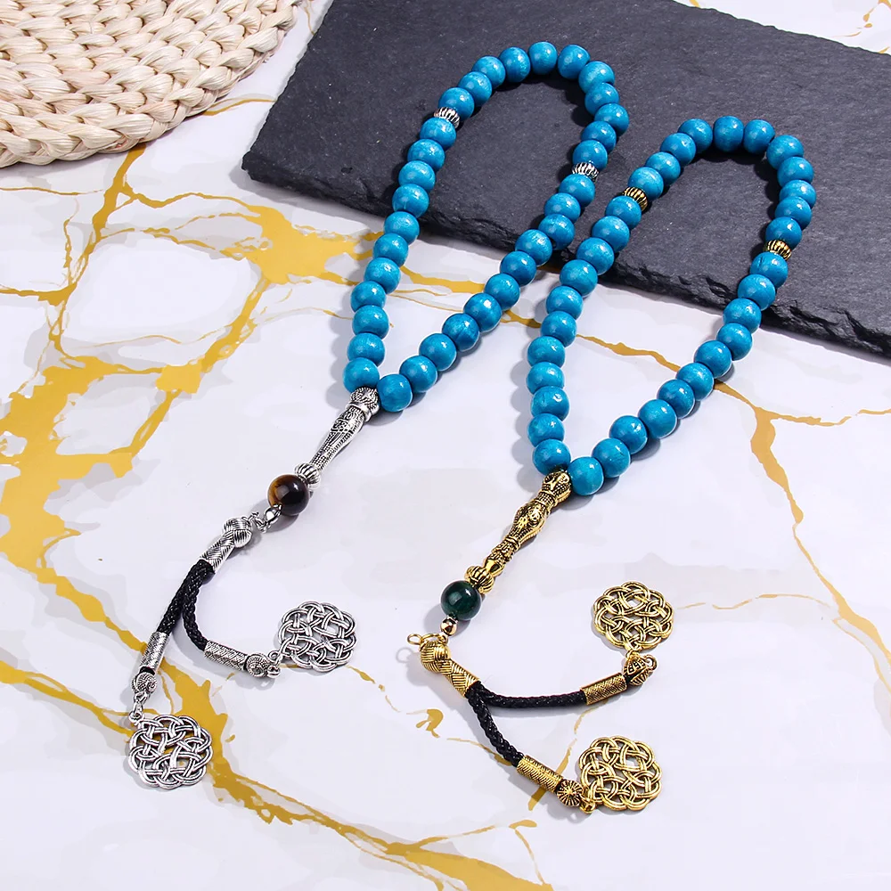 8x10mm Blue Wooden Muslim Rosary Beads Bracelet Classic Handmade Peace Knot Pendant Bracelet Ramadhan Festival Gift