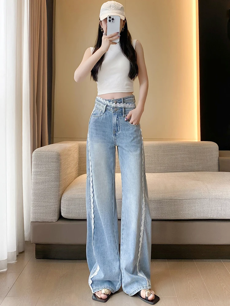 Pantalones vaqueros de pierna ancha de encaje Retro para mujer, pantalones de cintura alta de diseño de verano, pantalones vaqueros de corte recto hasta el suelo, pantalones informales de mezclilla