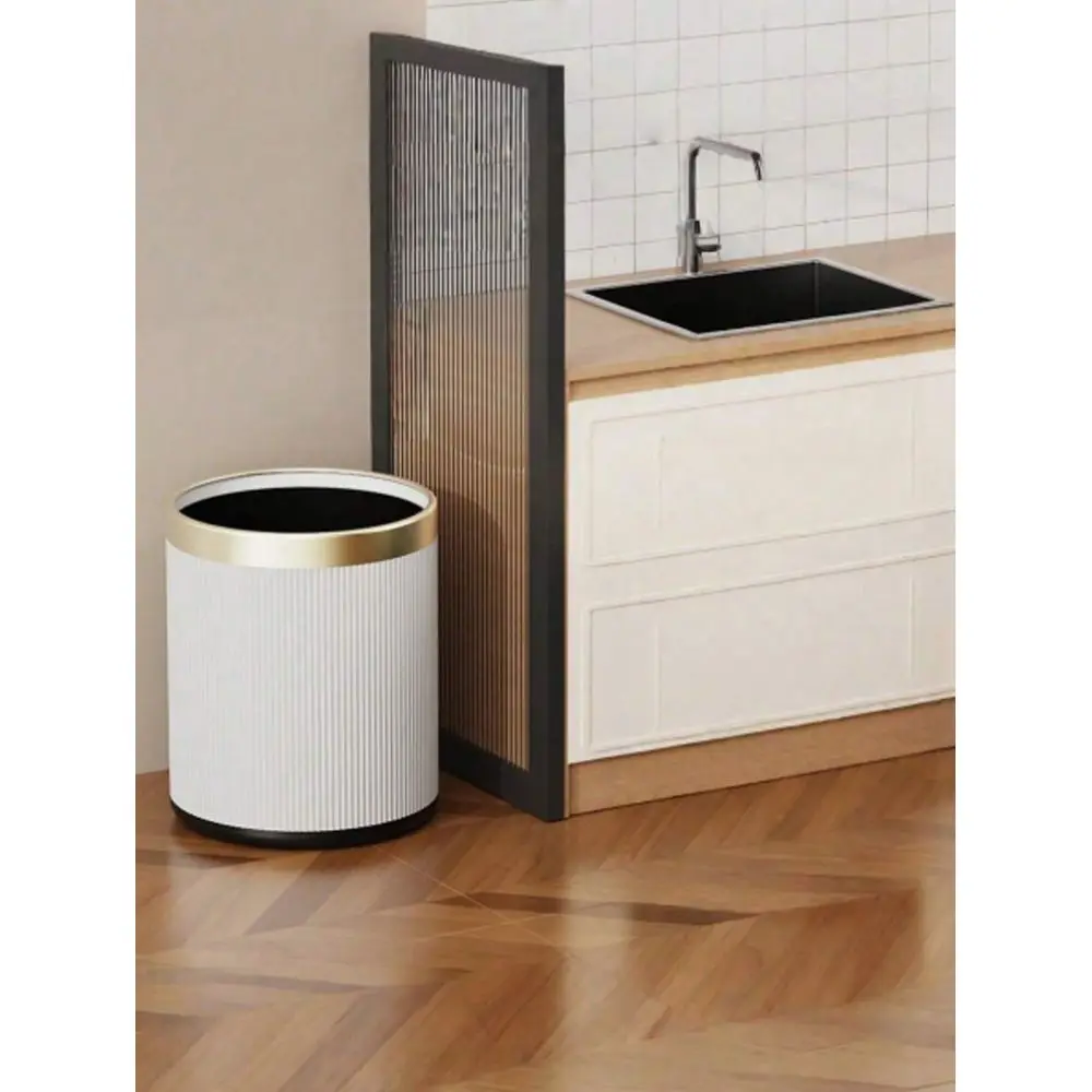 1Fashionable Round Trash Can, Golden Edge, Durable Plastic Material, Fashionable Storage Essentials Home Trash Can
