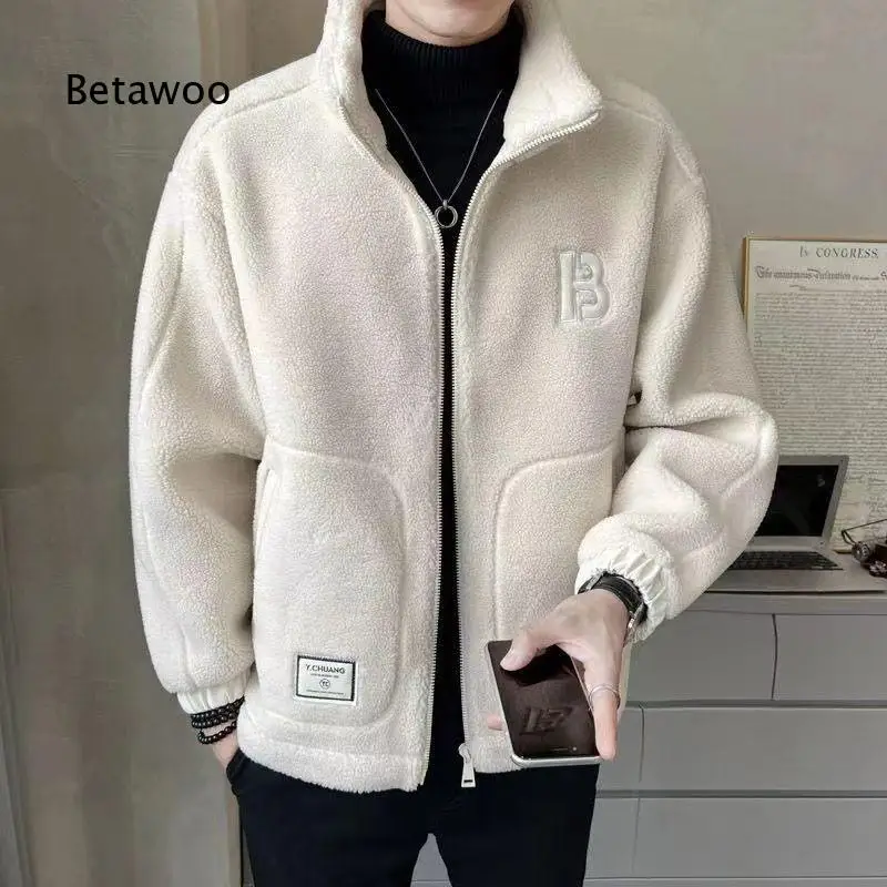 Korean Style Mens Fleece Lined Thick Cotton Coat Warm Stand Collar Outerwear For Autumn Winter Daily Street Casual Fashion Outfi