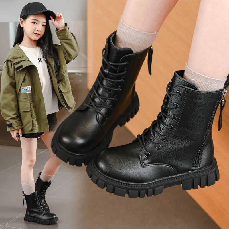 Side Zipper Kids Shoes Princess Knight Boots for Catwalk Winter Cute Girls Boots Children Fashion Autumn Black Cool Simple