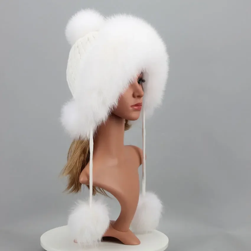 

Real Fur Hat for Winter Women's Hat Natural Fox Fur Russian Ushanka Cap Thick Warm Ears Fashion Bomber Cap Girls Fur Hat Elastic