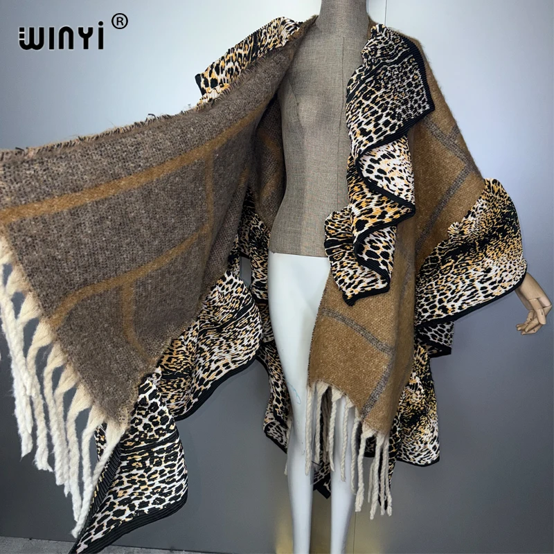 WINYI Leopard Print Tassel Cardigan Women's Winter Fashion Poncho Cape Jacket Luxury Female Overcoat Abaya Dubai Style