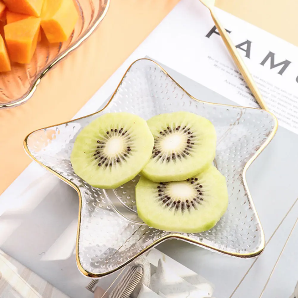 

4Pcs Golden Edge Transparent Fruit Plates Sea Star Design Multipurpose Storage Jewelry Display Tray Glass Serving Plate