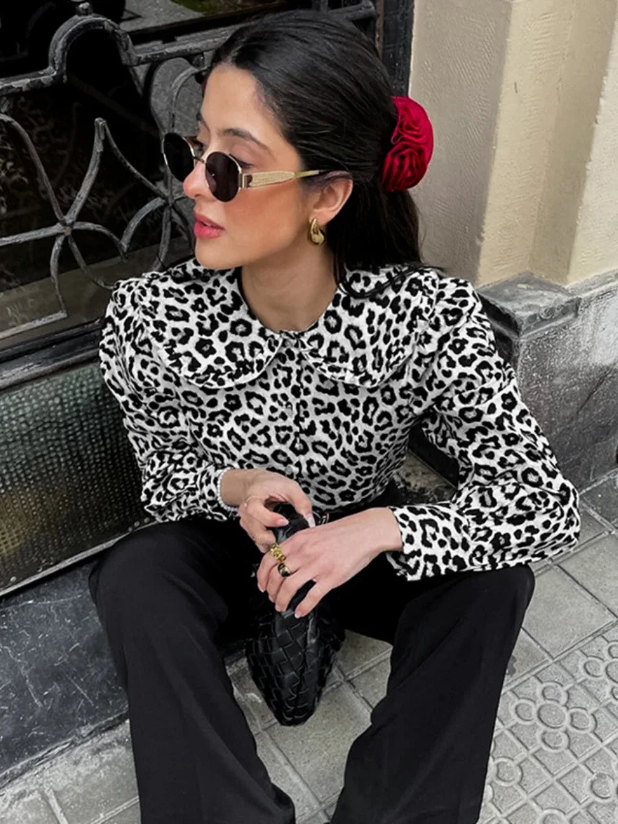 Wolfeel 100% Cotton Women\'s Shirts Leopard Print Fashionable And Versatile Polo Collar Long Sleeved Topo Ofice Women Clothing