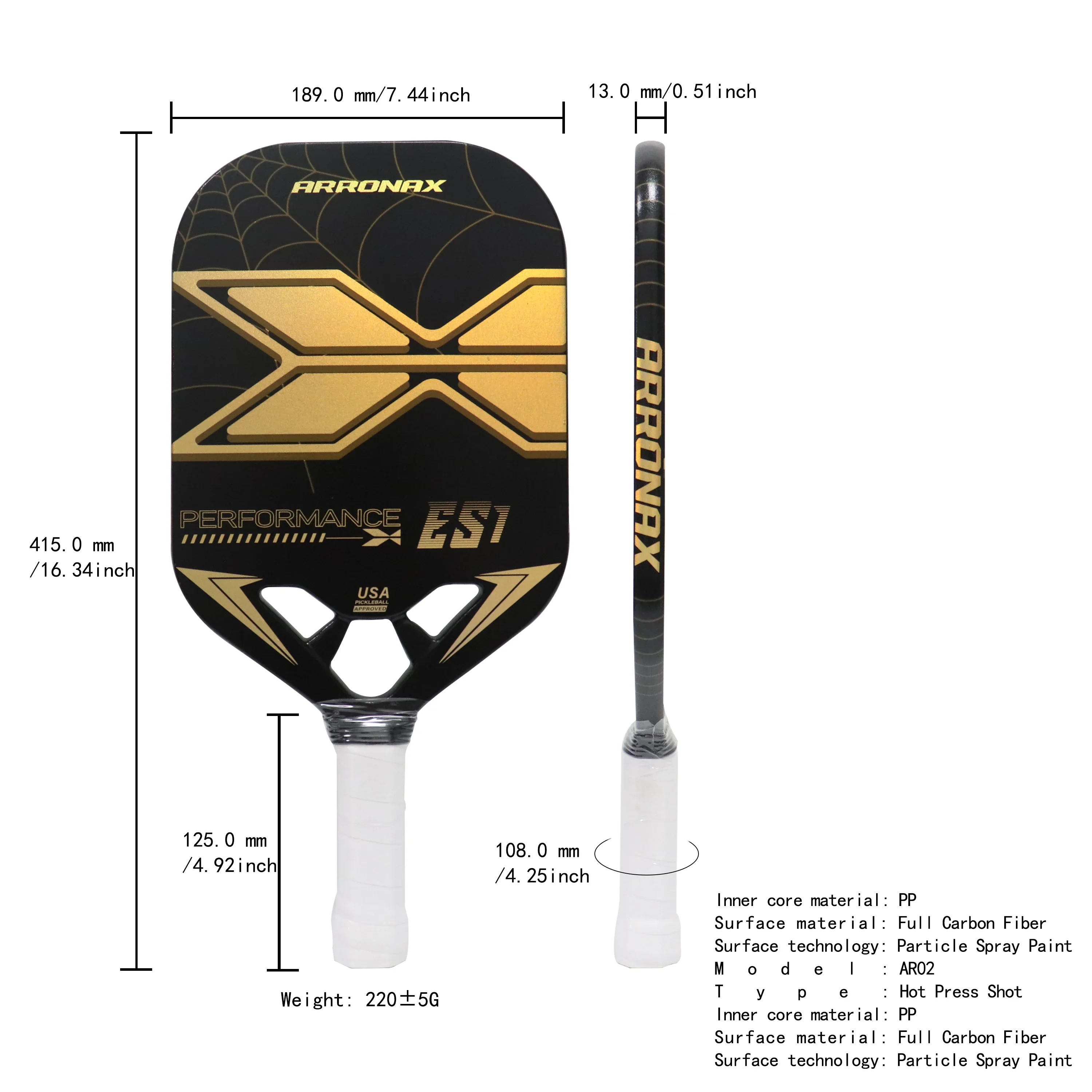 Racchette da paddle per pickleball in fibra di carbonio, rotazione massima, bordo Aero Guard, nucleo da 13 mm, peso medio 8,8 once.