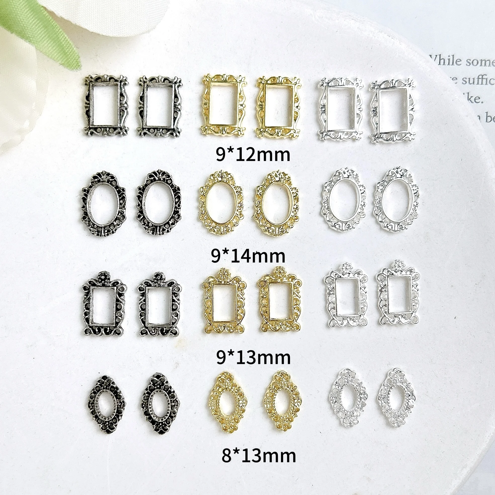 30PCS Light Luxury Alloy Geometric Frame Nail Charms Hollowed-out Minimalist Oval Square Photo Frame Nail Art Decorations DIY
