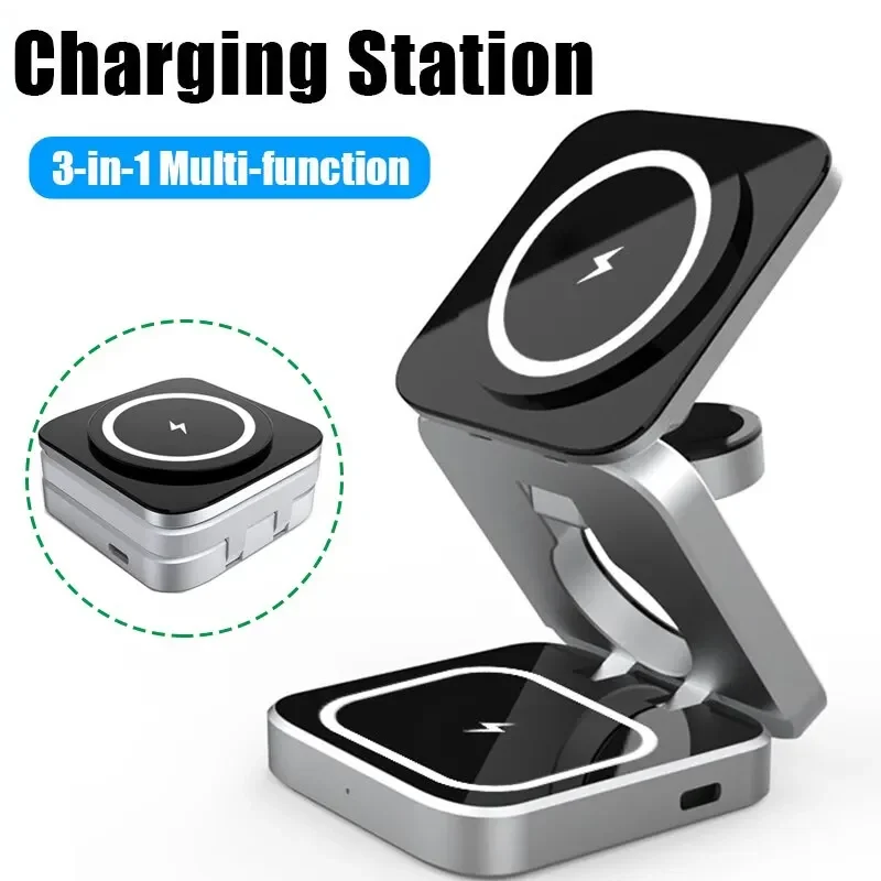 3 in 1 Foldable Wireless Charger Stand Dock for iPhone 15 14 13 12 Pro Max Apple Watch 8 7 Holder Magnetic Fast Charging Station