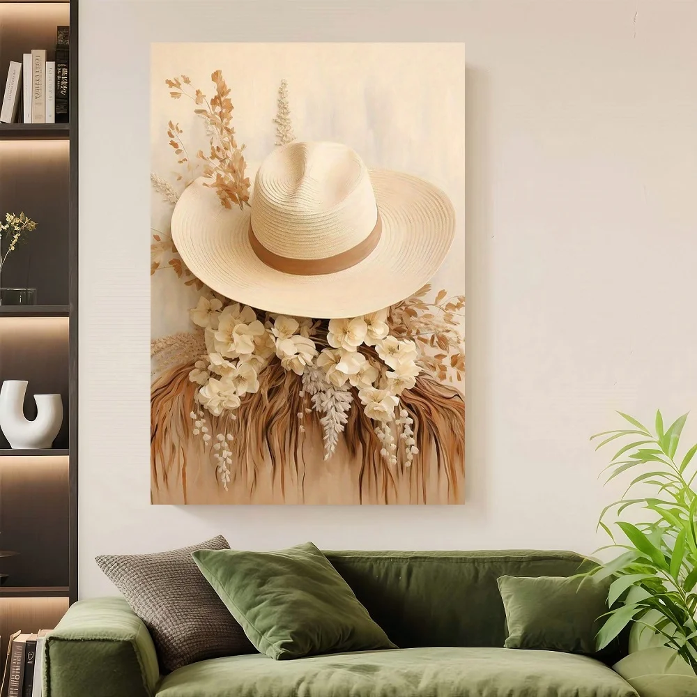 

Framed Flat A Bohemian Country Print Canvas Art with Wooden Frame, Featuring Western Floral Vintage Cowboy Hat Wall Decoration,