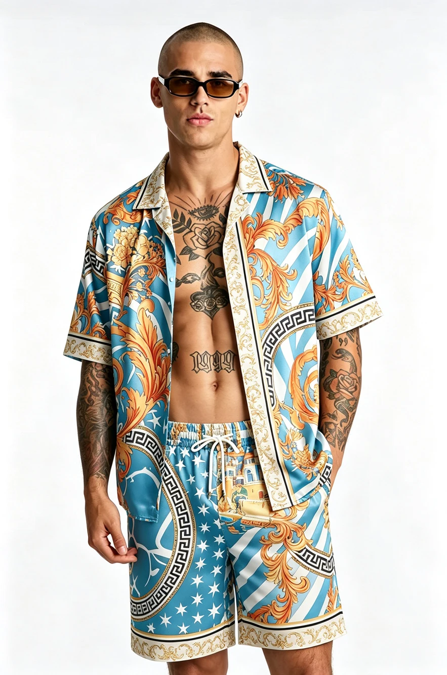 2026 New Men's Edgy Short Sleeve and Shorts 2-Piece Set, Fashion Pattern 3D Printed Shirt, Hawaiian Vacation Festival Party Men'