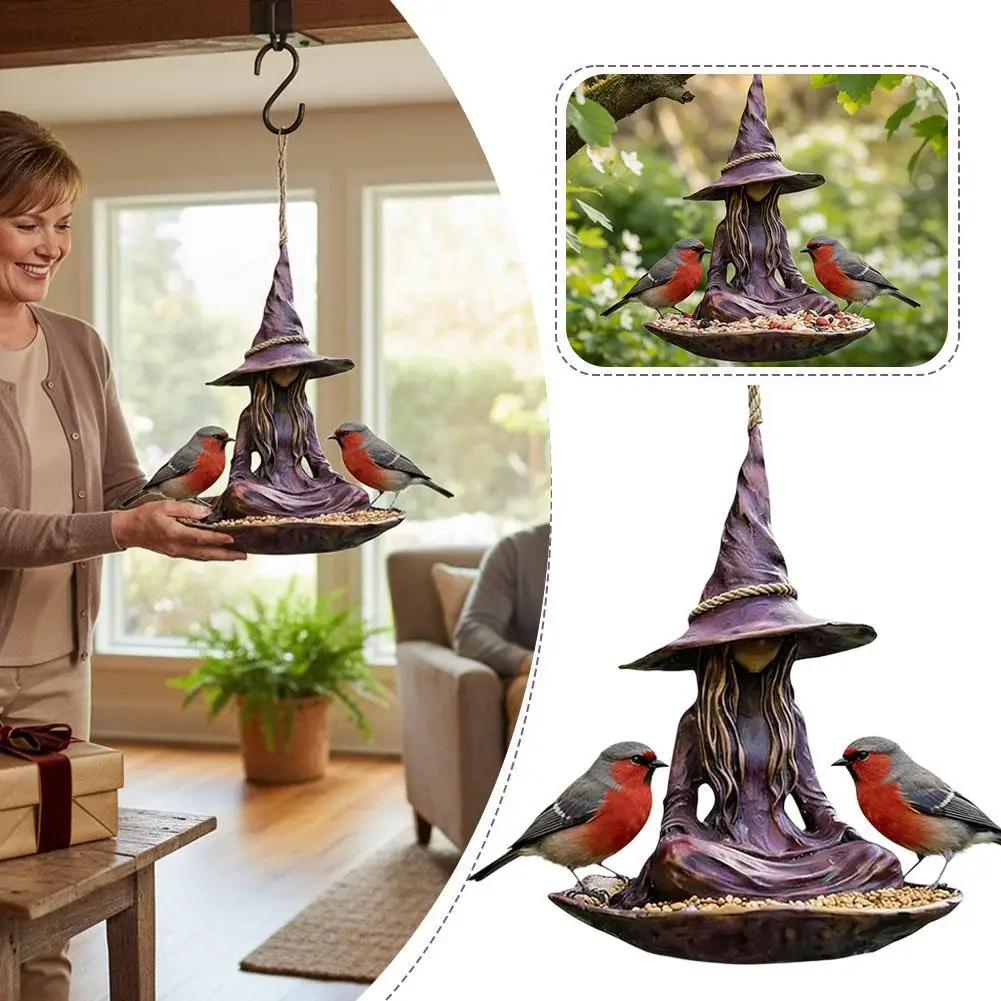 Creative Witch Figurine Birdfeeder Weather-Resistant Purple Witch Sculpture Tree Hanging Decoration Garden Landscape