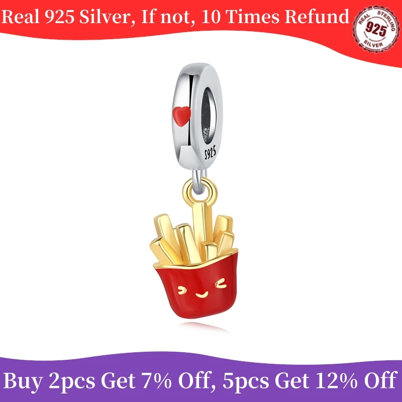 2024 New 925 Sterling Silver Plated French fries Dangle Pendant Beads Fit Original European Bracelets Charm Jewerly Accessories