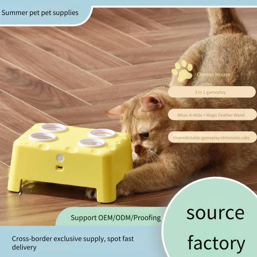 3-in-1 Cheese House Smart Cat Toy Whack-a-Mole Squeaky Feather Cat Toy