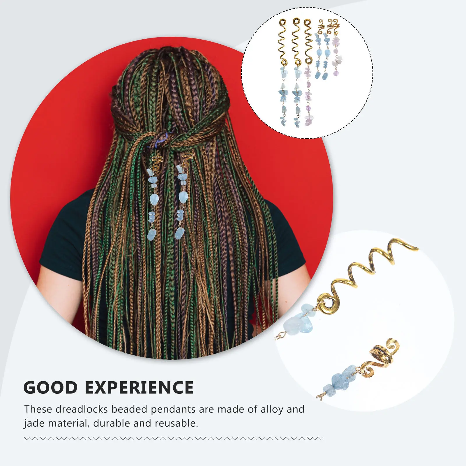 2Pcs Fashionable Jade Pendant Hair Braid Cuffs Smooth Alloy Spiral Rings for Thick Thin Curly Straight Hair All Ages