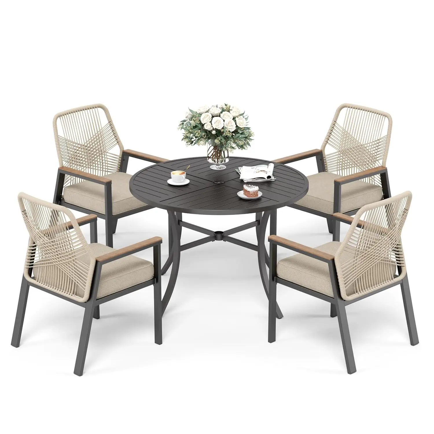 o*-5 Pieces Patio Dining Set, 4 x Woven Rattan Chairs with Waterproof Cushion, 42” Metal Round Dining Table with, Customized