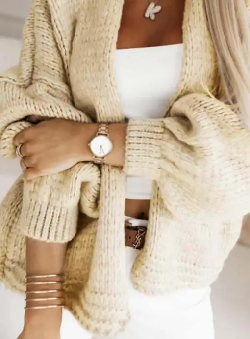 2025 Autunno e Inverno Nuova Moda Elegante Tinta Unita Ago Spesso Cardigan Con Scollo A V Lanterna Manica Giacca Abbigliamento Donna