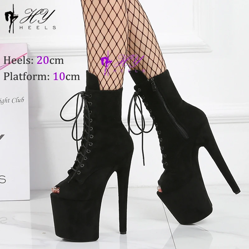 Sexy Suede Platform Ankle Boots Open Toe Fetish 20cm/8Inches Nightclub Stripper Heel Fashion Women Exotic Pole Dance Shoes