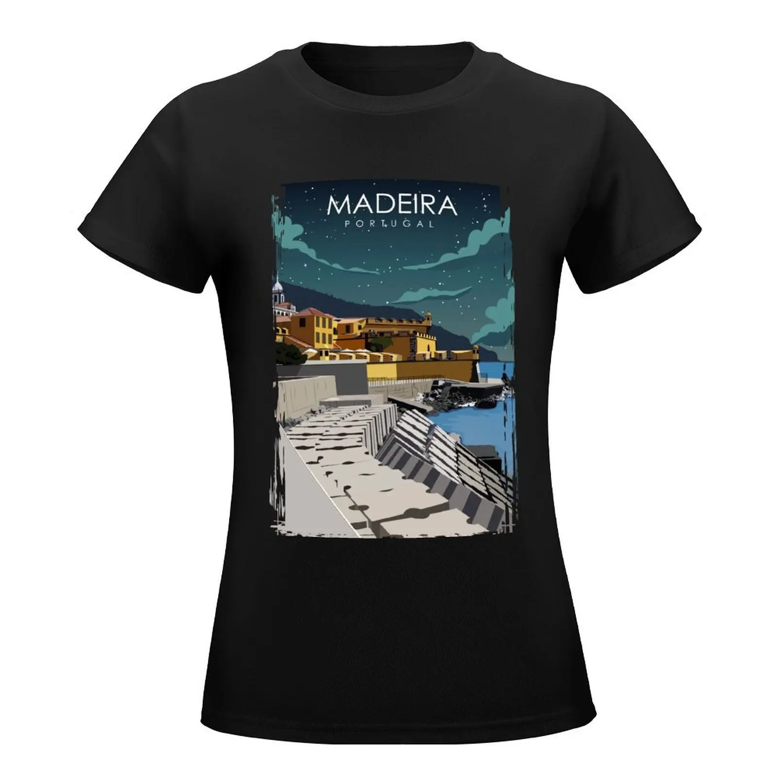 Madeira Portugal Vintage Retro Travel Poster at night T-Shirt summer top oversized workout shirts for Women