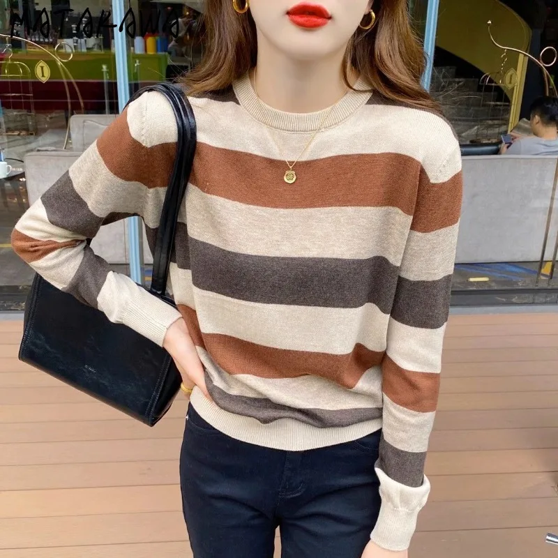 

Matakawa Thin Sweaters Woman Stripes Spring Autumn Contrast Color Pullovers Korean Fashion Vintage Casual Loose Pull Femme